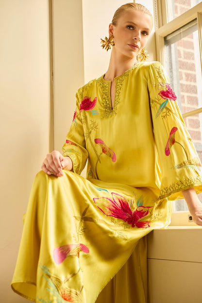 Couture Bali Embroidered Silk Caftan Citrus