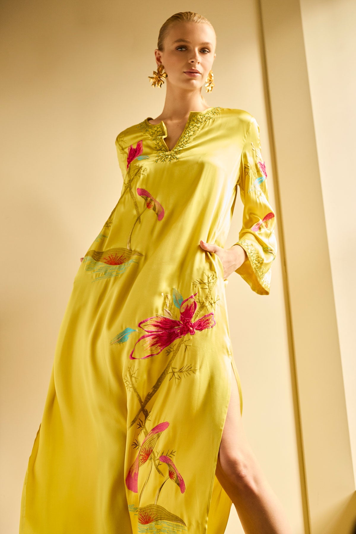 Couture Bali Embroidered Silk Caftan Citrus