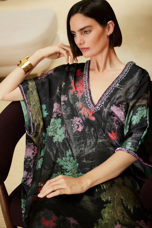 Nara Embellished Cocoon Silk Caftan Black