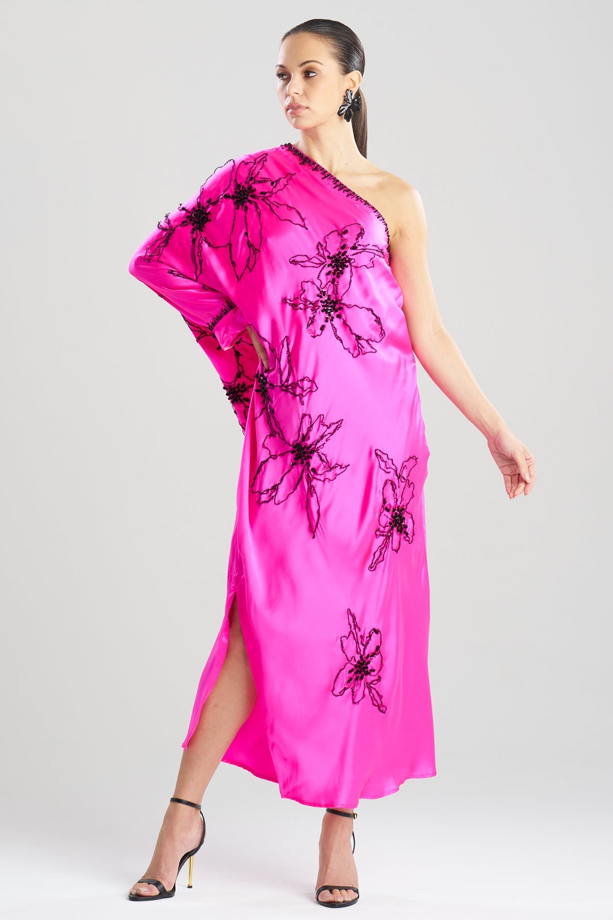 Couture Yumi One Shoulder Embroidered Silk Caftan Fiesta Pink