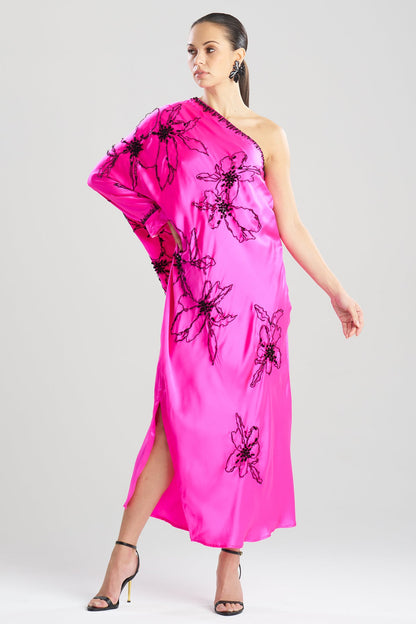 Couture Yumi One Shoulder Embroidered Silk Caftan Fiesta Pink