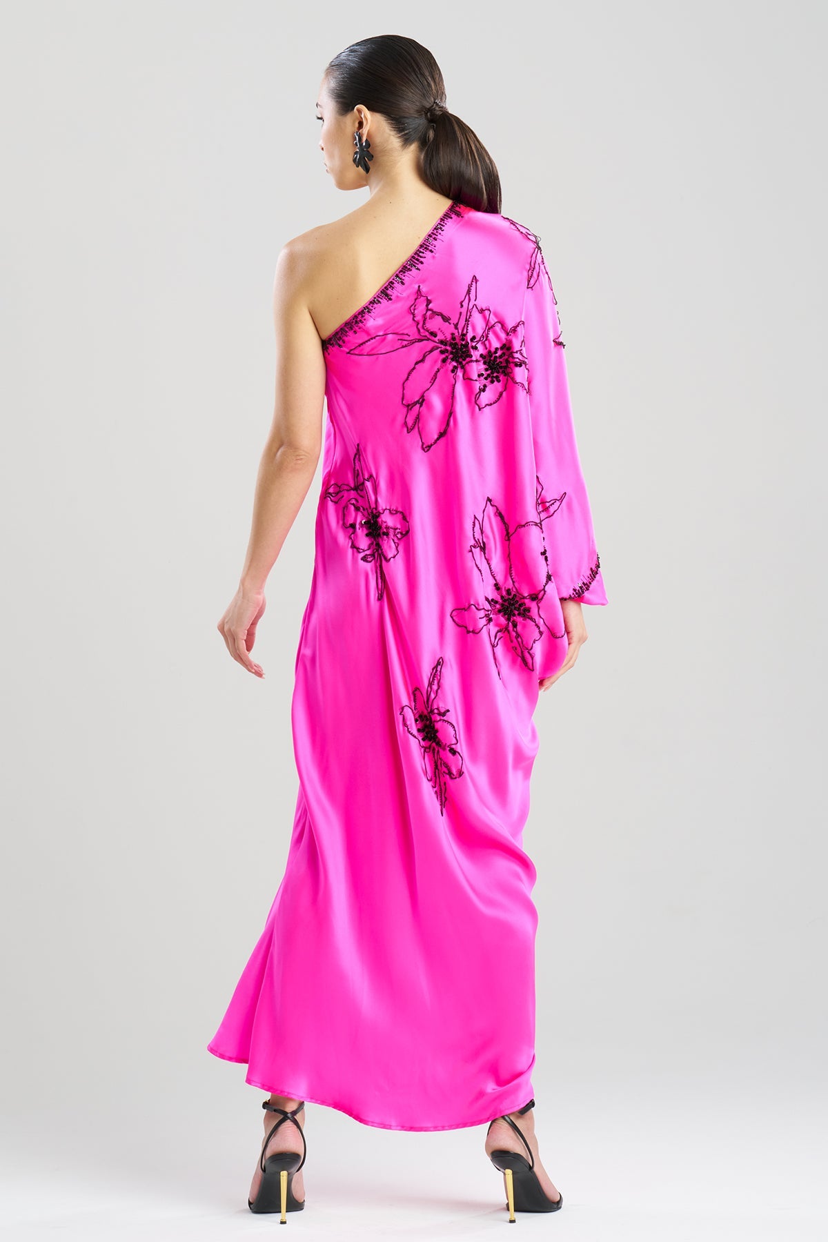 Couture Yumi One Shoulder Embroidered Silk Caftan Fiesta Pink