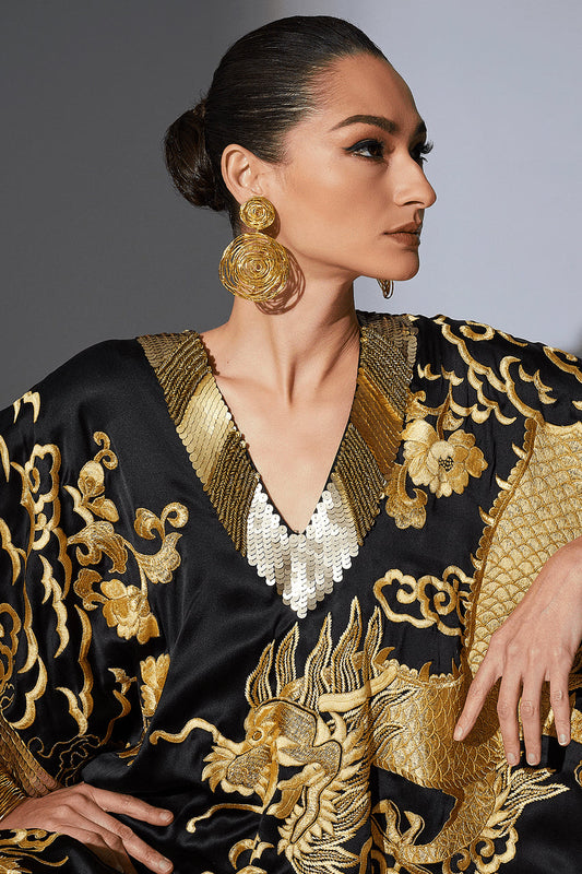 Buy Couture Embroidered Dragon Caftan in Black Online Black