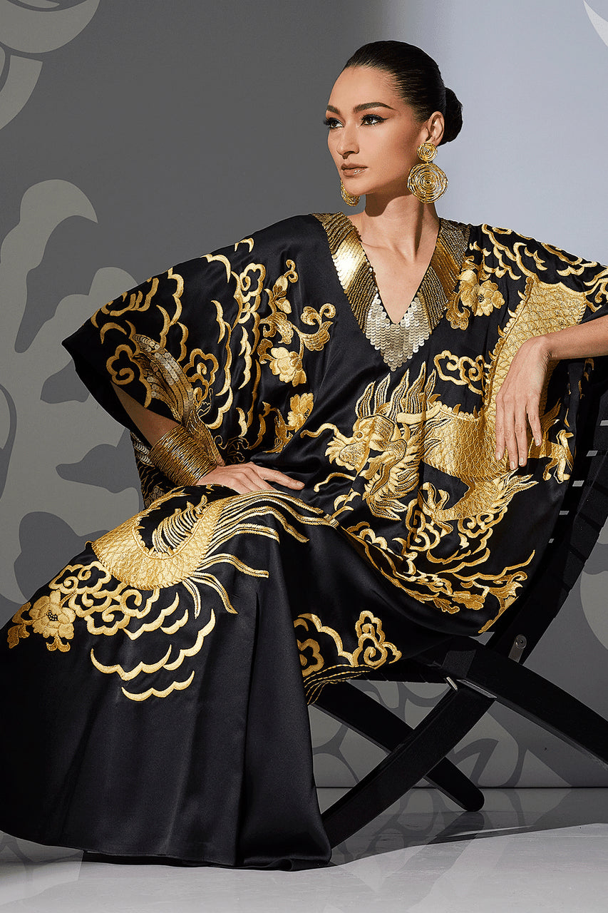 Buy Couture Embroidered Dragon Caftan in Black Online Black