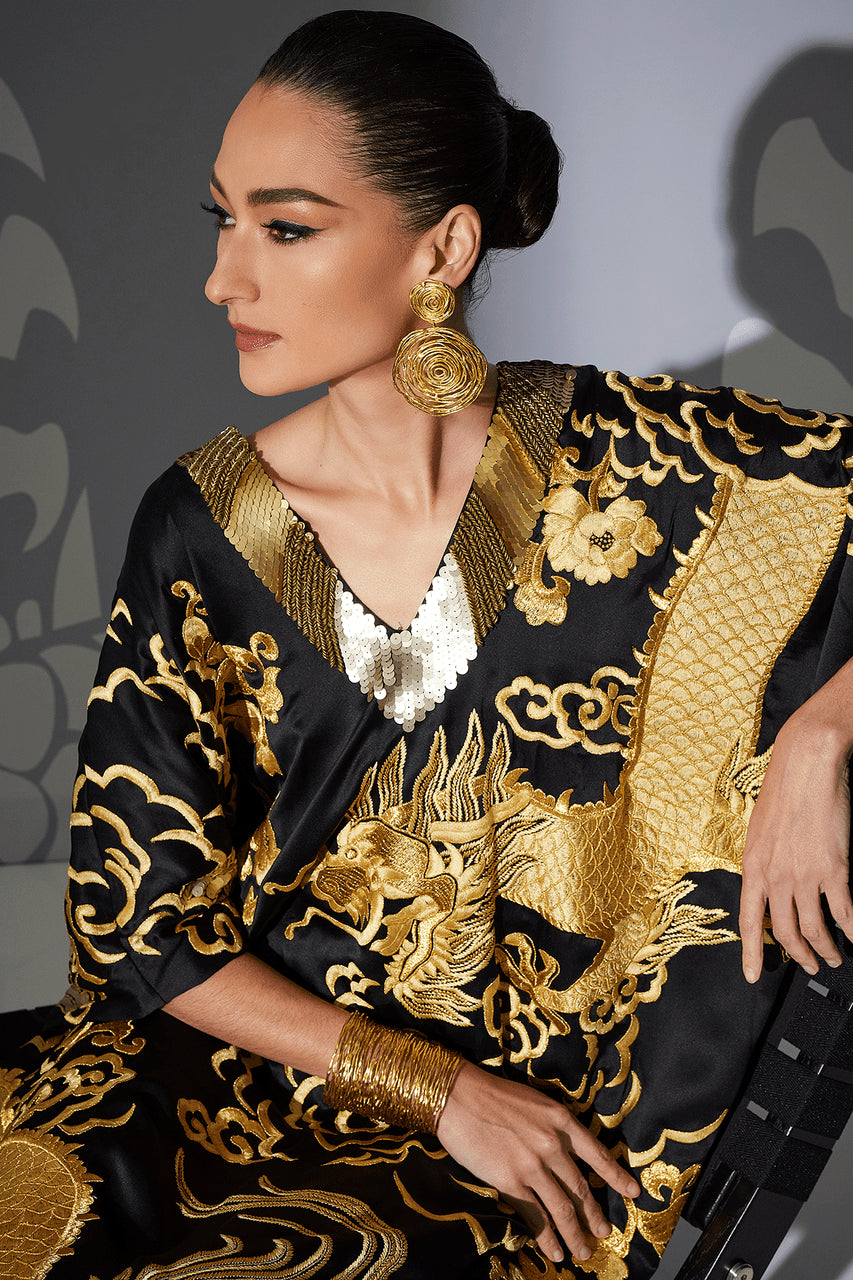 Buy Couture Embroidered Dragon Caftan in Black Online Black