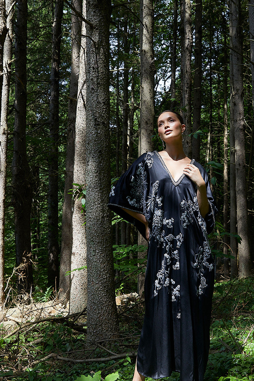 Buy Couture Black Silk Embroidered Caftan in Black Online Black