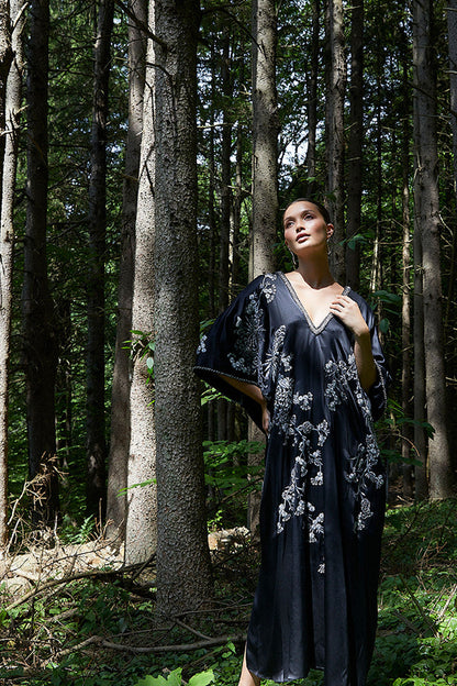 Buy Couture Black Silk Embroidered Caftan in Black Online Black