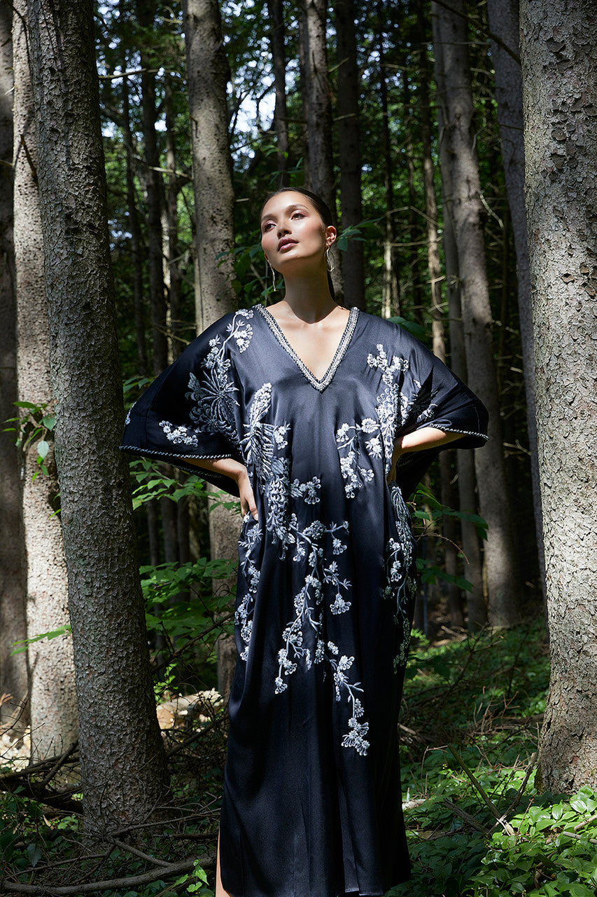 Buy Couture Black Silk Embroidered Caftan in Black Online Black