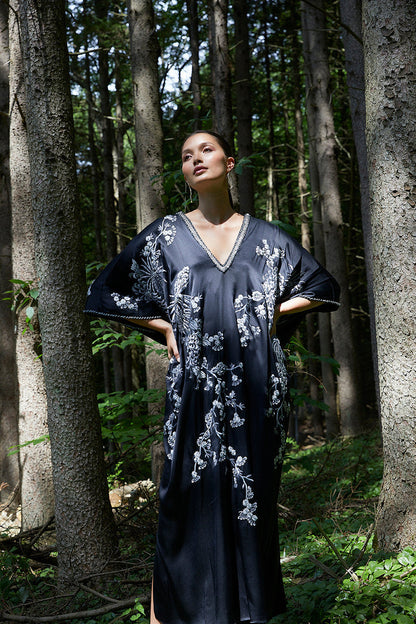 Buy Couture Black Silk Embroidered Caftan in Black Online Black