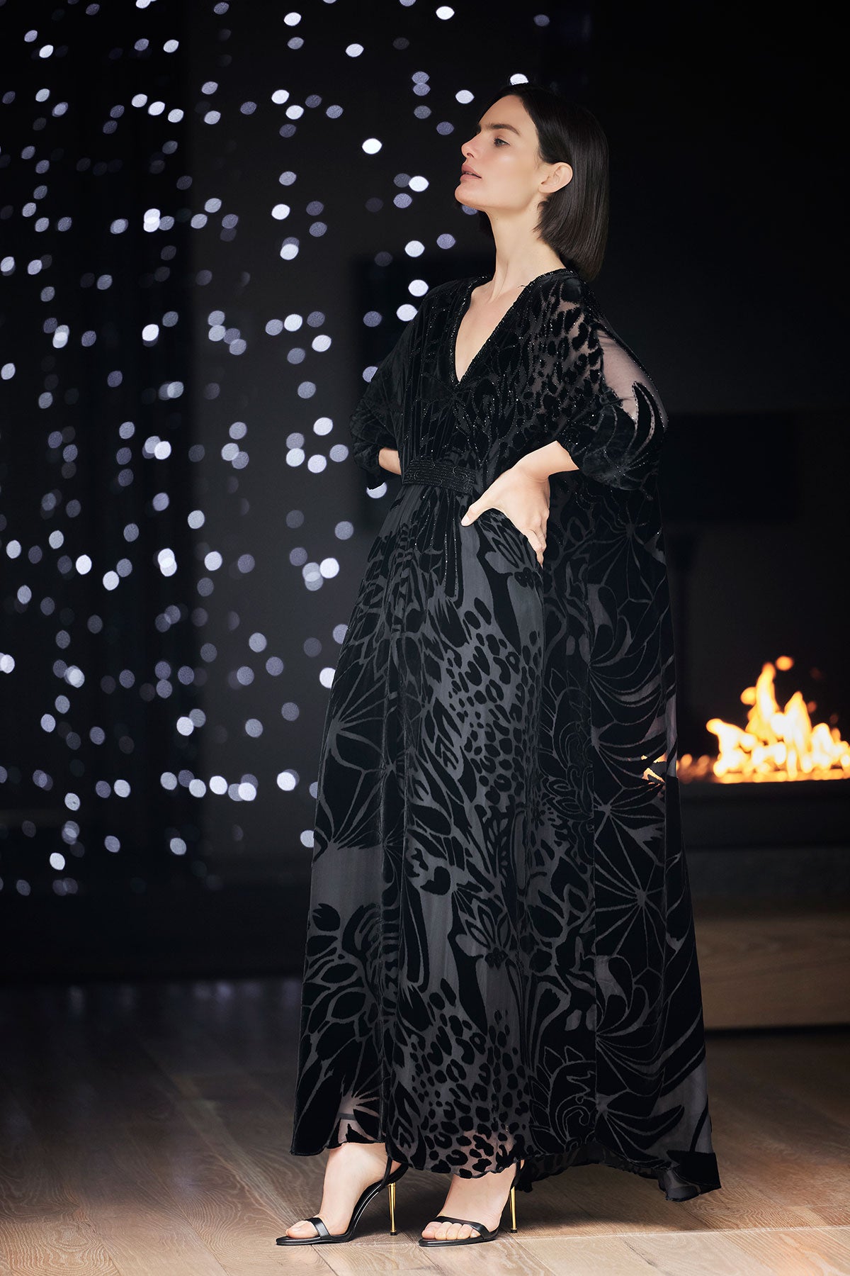 Nouveau Velvet Embellished Silk Caftan Black