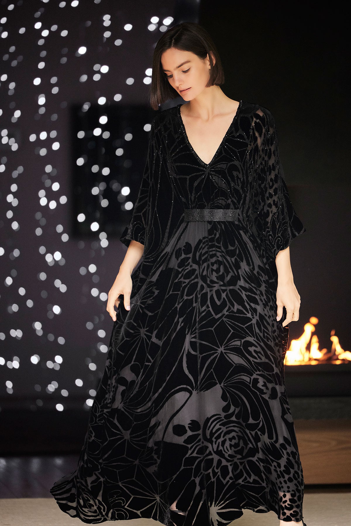 Nouveau Velvet Embellished Silk Caftan Black
