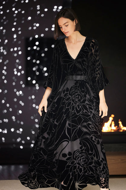 Nouveau Velvet Embellished Silk Caftan Black