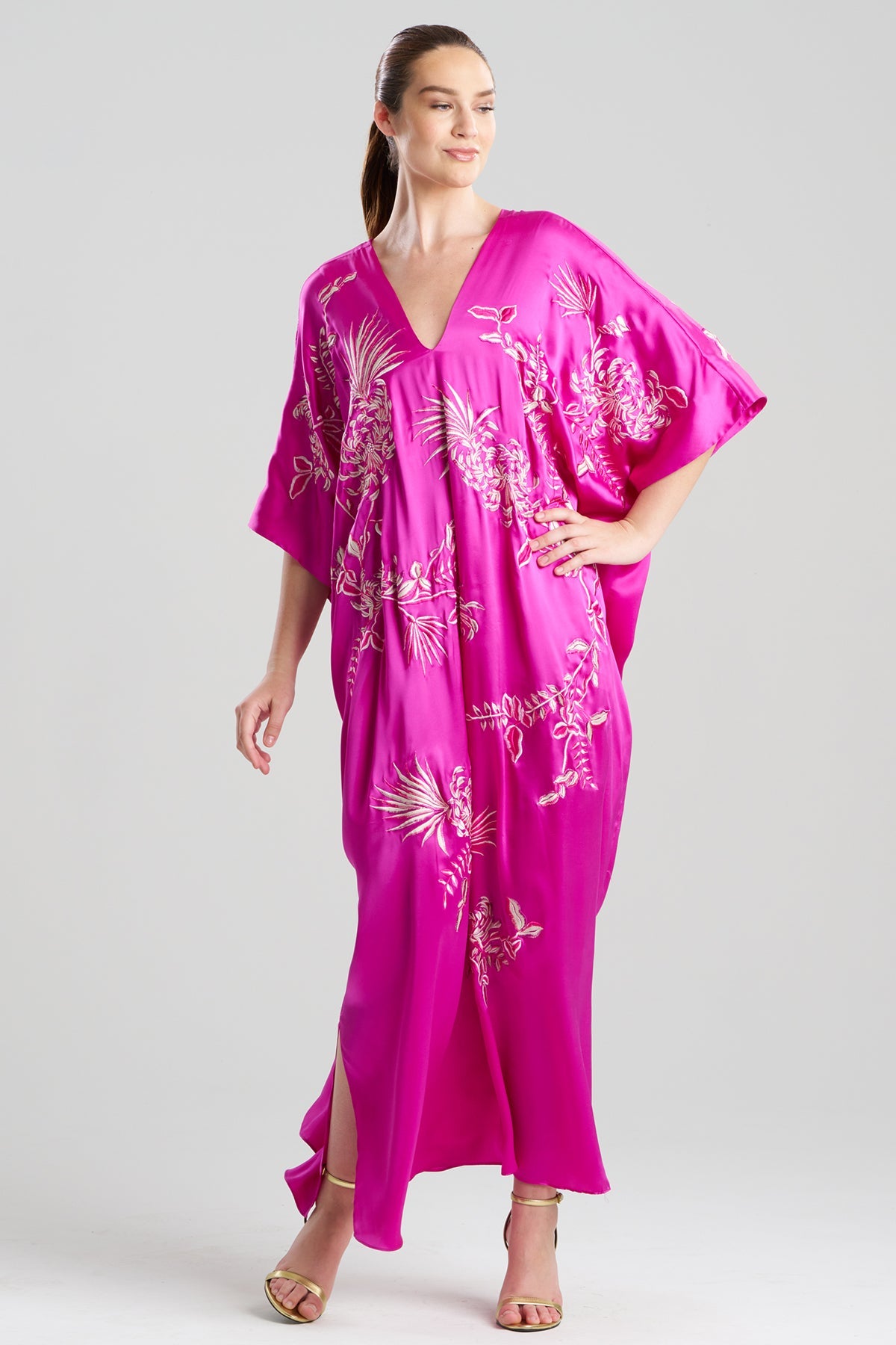 Couture Chrysanthemum Embroidered Cocoon Silk Caftan Hot Pink