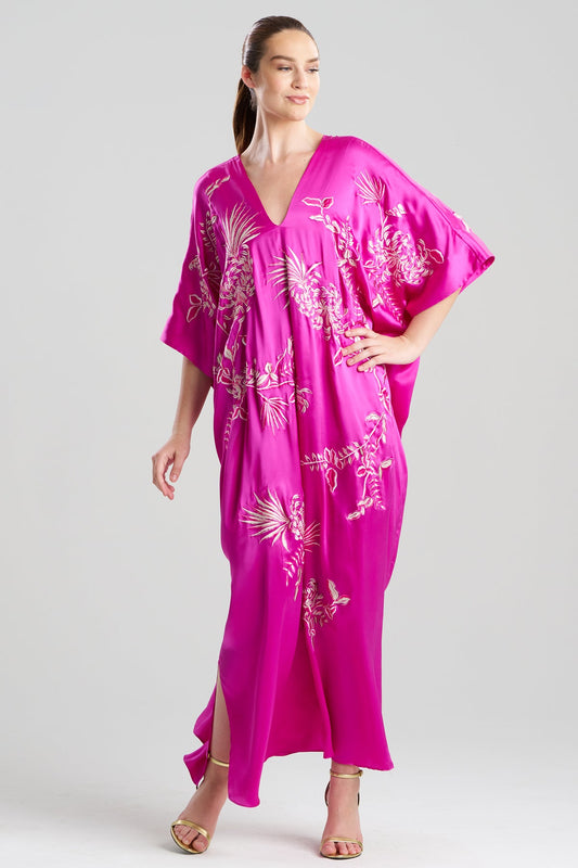 Couture Chrysanthemum Embroidered Cocoon Silk Caftan Hot Pink