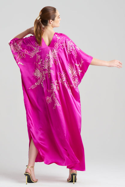Couture Chrysanthemum Embroidered Cocoon Silk Caftan Hot Pink