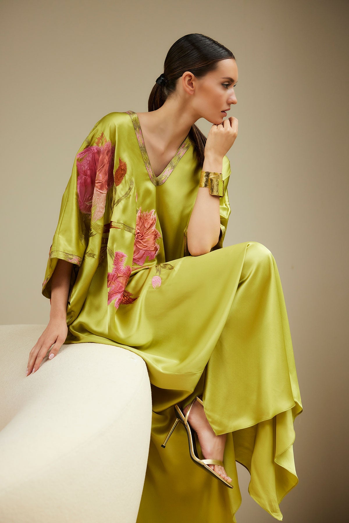 Couture Brushstroke Embellished Cocoon Silk Caftan Lemon Lime