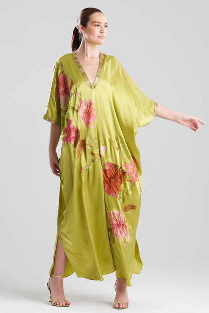 Couture Brushstroke Embellished Cocoon Silk Caftan Lemon Lime