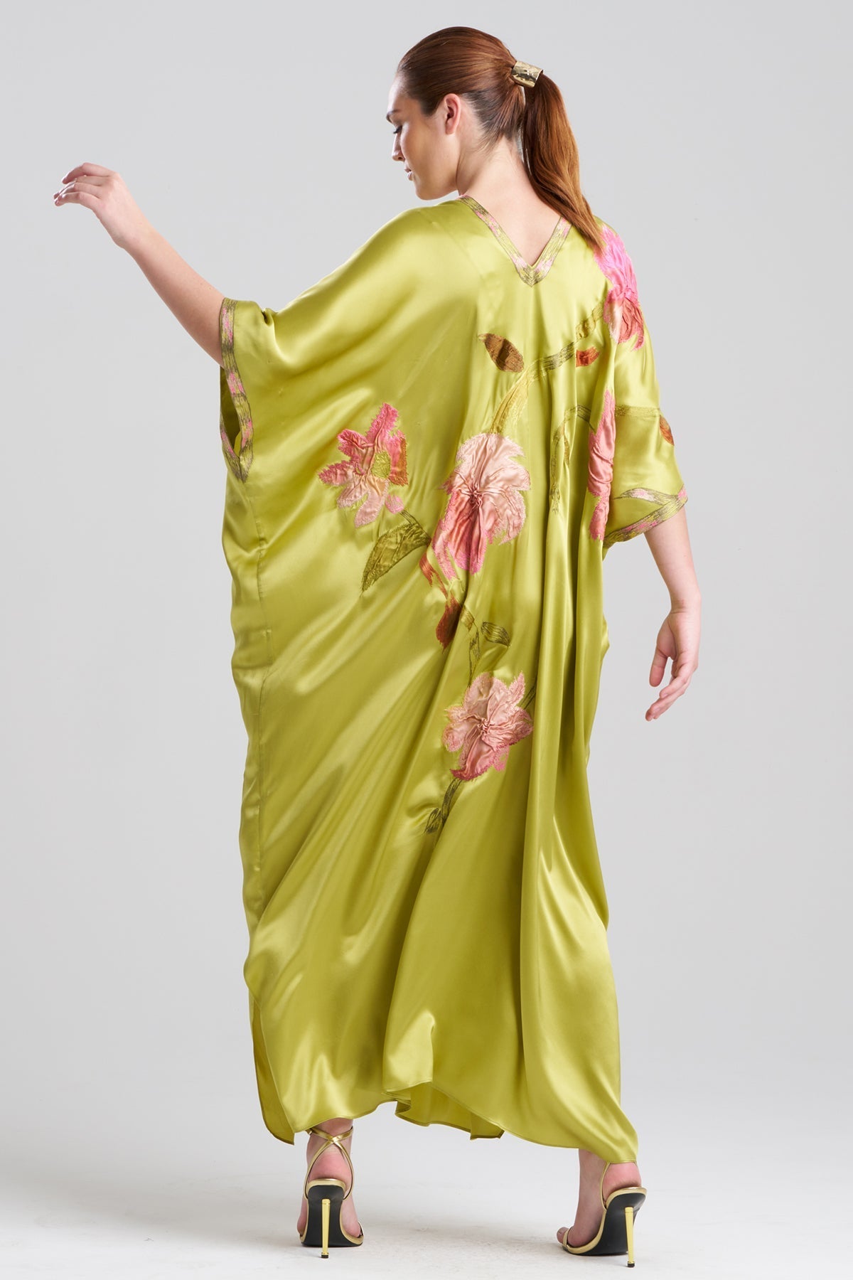 Couture Brushstroke Embellished Cocoon Silk Caftan Lemon Lime