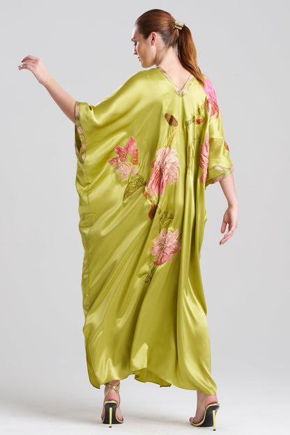 Couture Brushstroke Embellished Cocoon Silk Caftan Lemon Lime