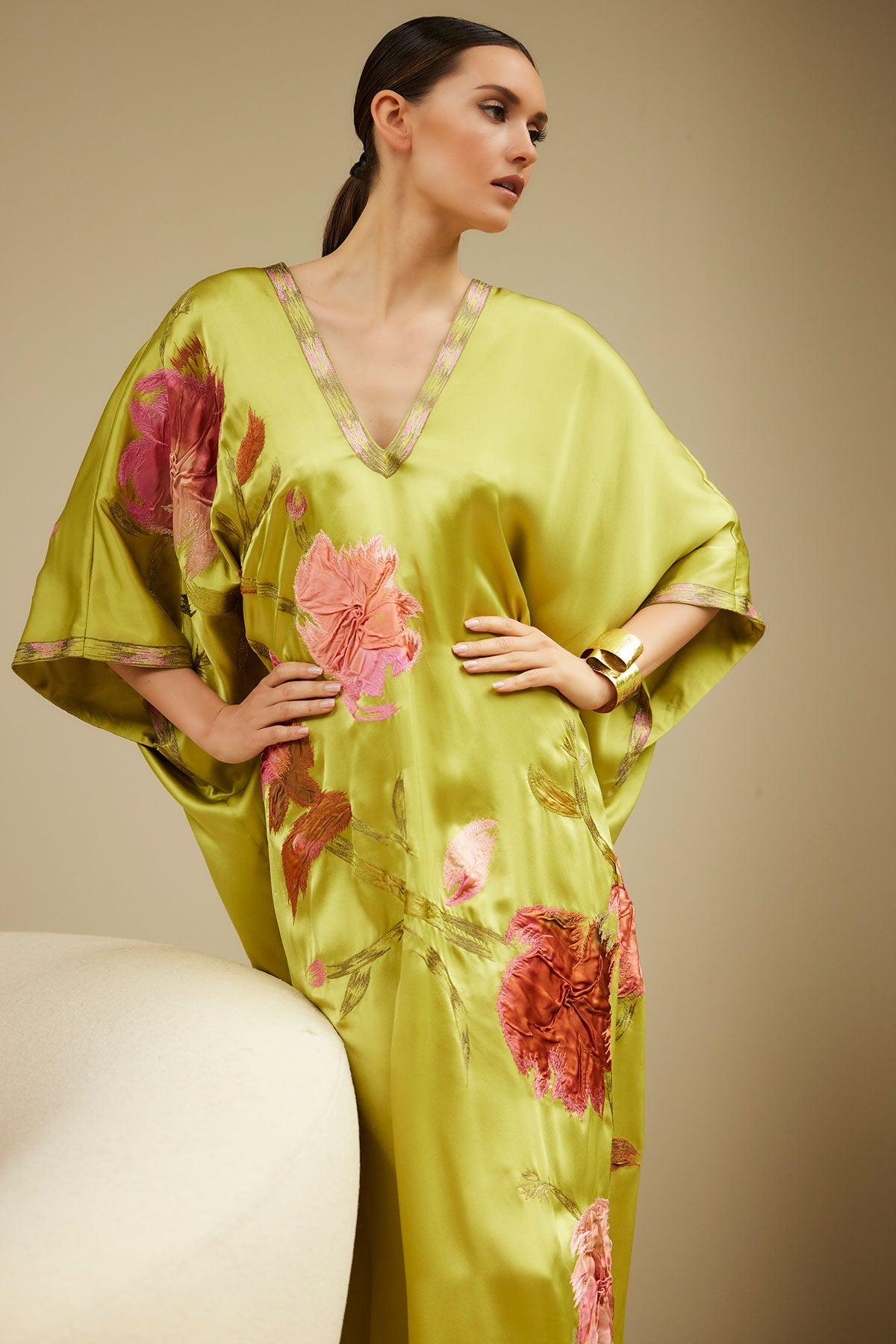 Couture Brushstroke Embellished Cocoon Silk Caftan Lemon Lime