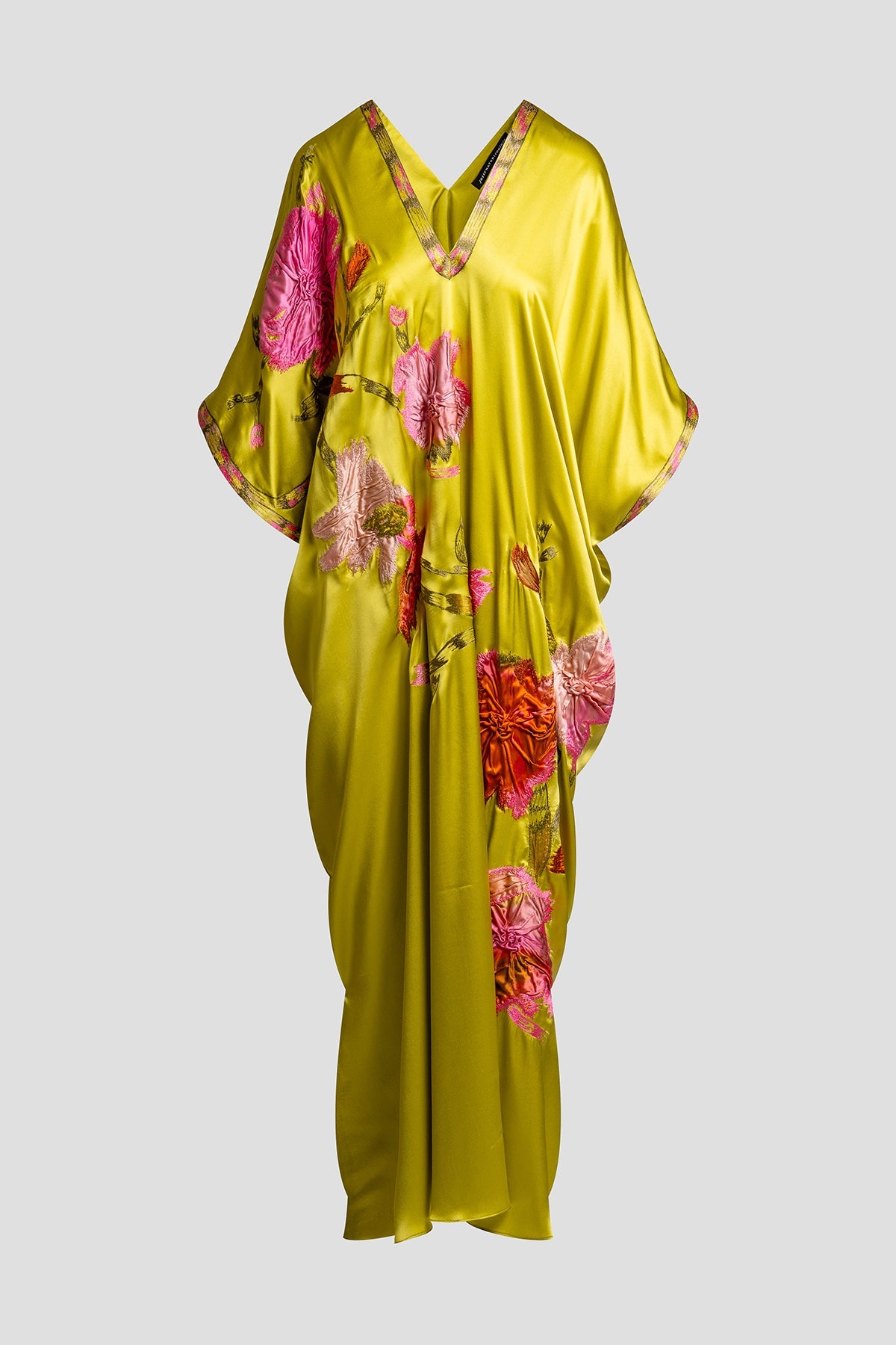 Couture Brushstroke Embellished Cocoon Silk Caftan Lemon Lime