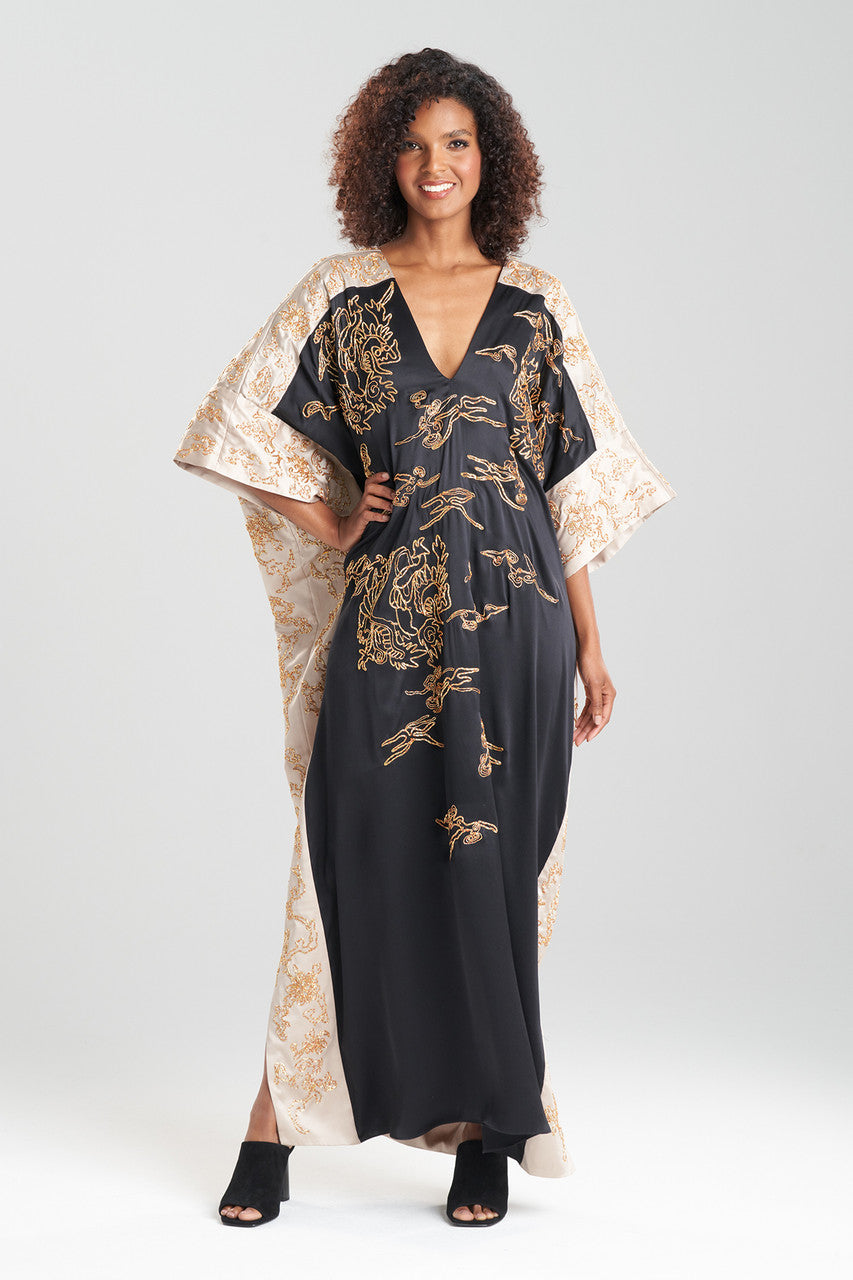 Buy Couture Dragon Embroidered Cocoon Silk Caftan in Black Online Black