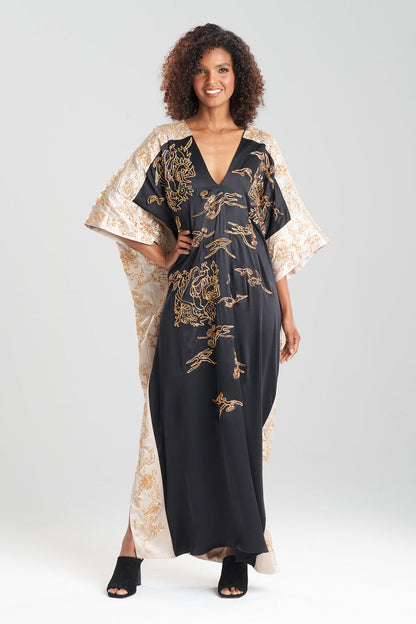 Buy Couture Dragon Embroidered Cocoon Silk Caftan in Black Online Black
