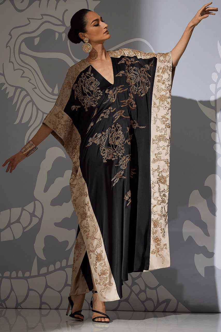 Buy Couture Dragon Embroidered Cocoon Silk Caftan in Black Online Black