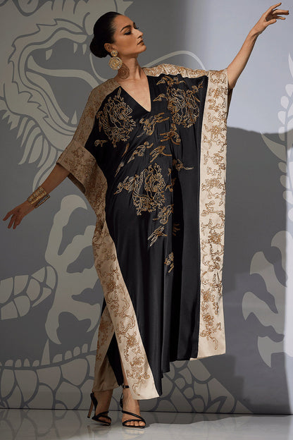 Buy Couture Dragon Embroidered Cocoon Silk Caftan in Black Online Black
