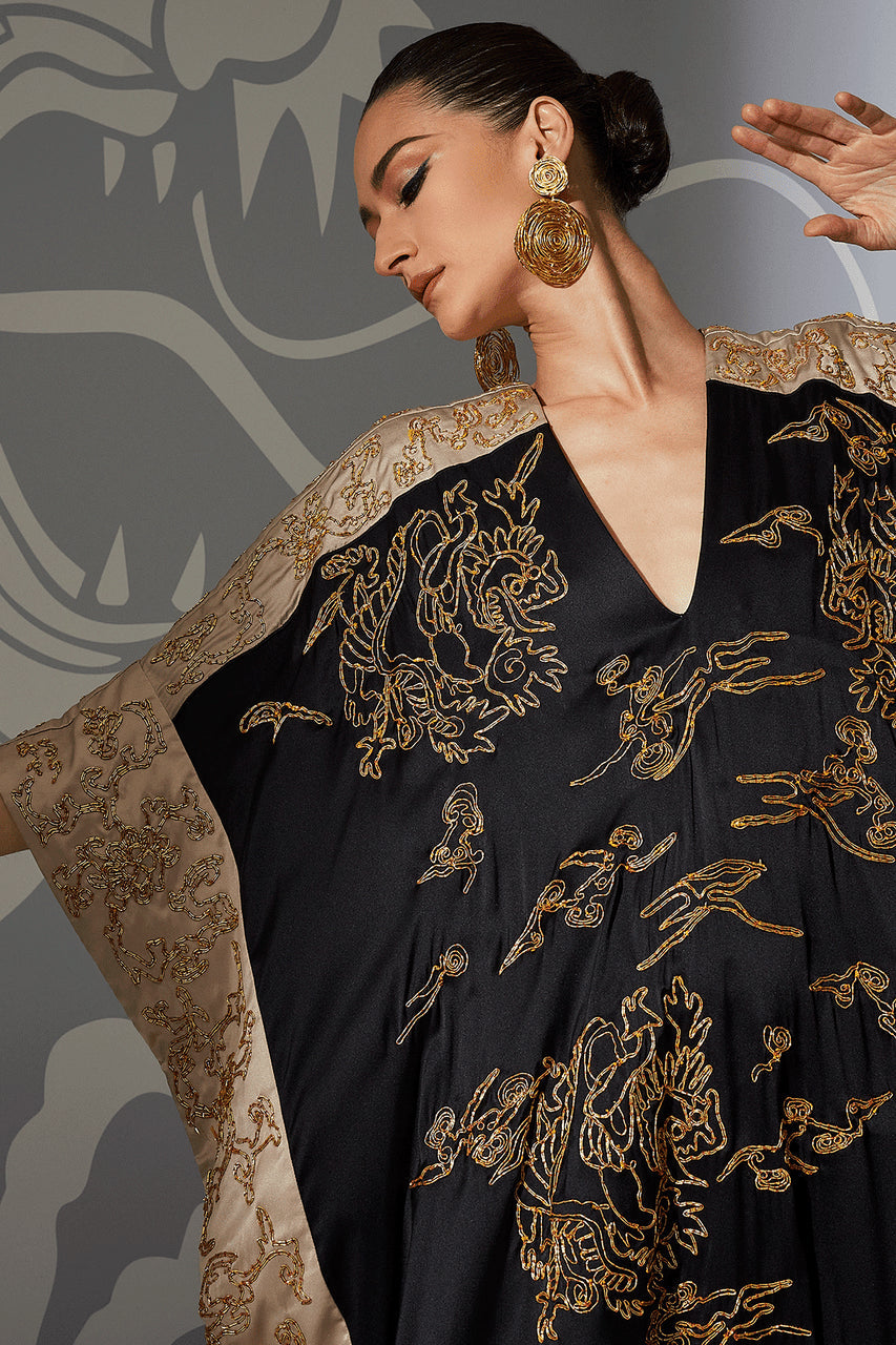 Buy Couture Dragon Embroidered Cocoon Silk Caftan in Black Online Black