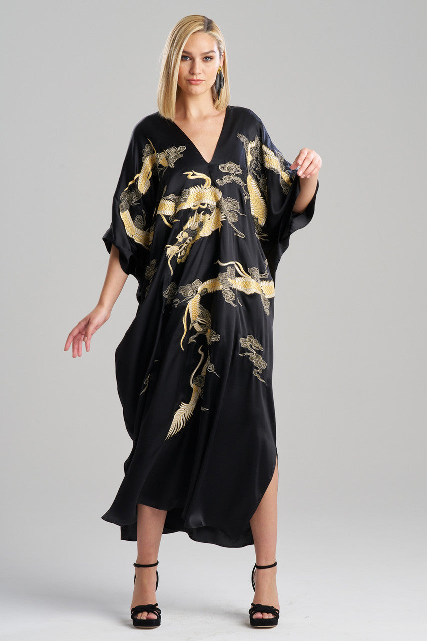 Buy Couture Lucky Dragon Embroidered Cocoon Silk Caftan in Black Online Black