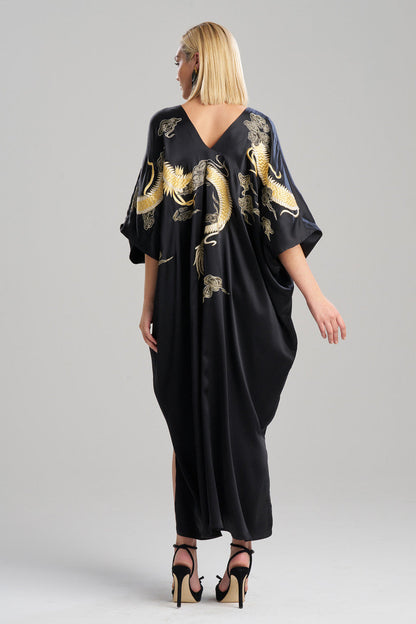 Buy Couture Lucky Dragon Embroidered Cocoon Silk Caftan in Black Online Black