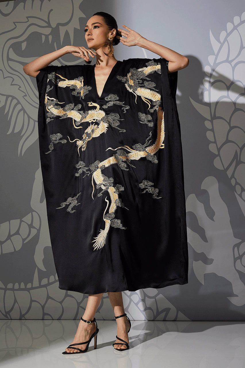 Buy Couture Lucky Dragon Embroidered Cocoon Silk Caftan in Black Online Black
