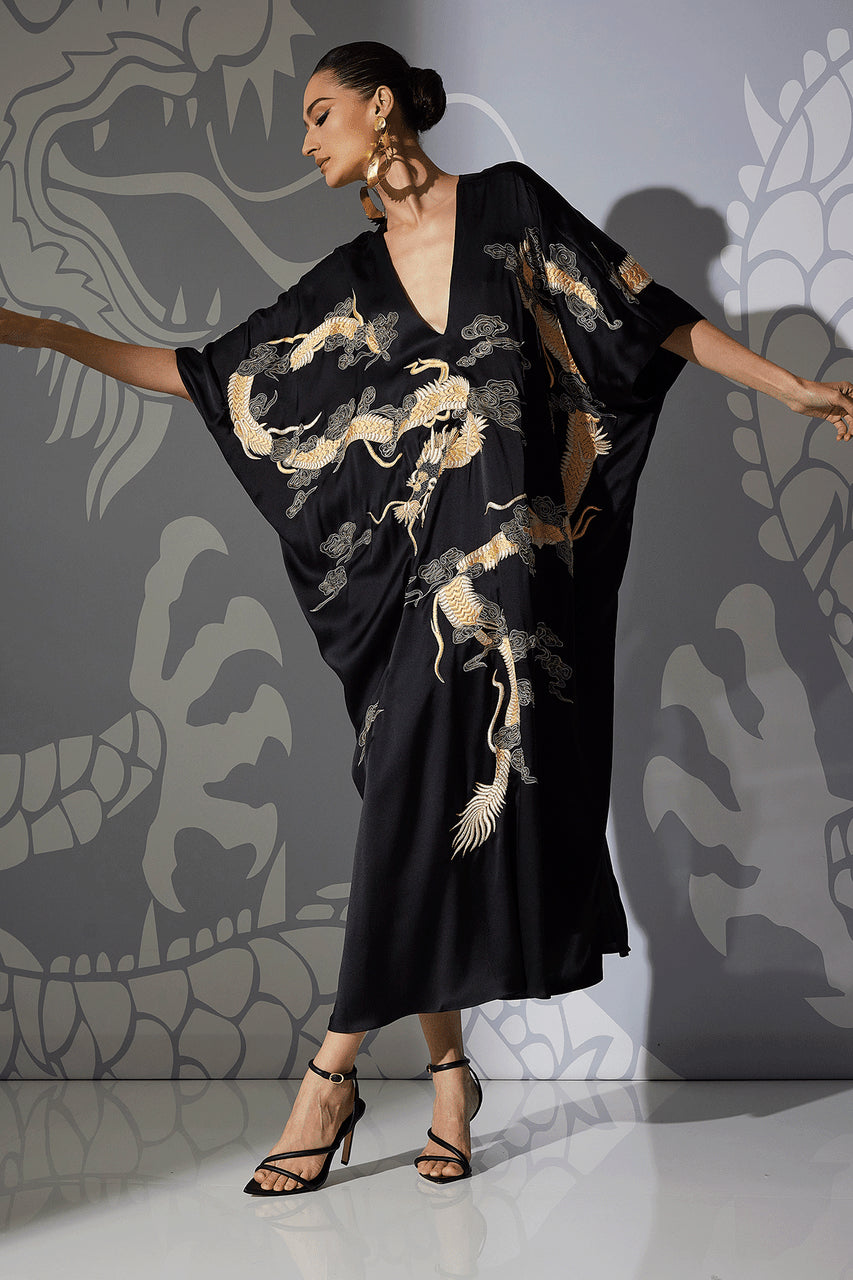 Buy Couture Lucky Dragon Embroidered Cocoon Silk Caftan in Black Online Black