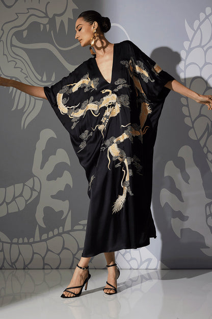 Buy Couture Lucky Dragon Embroidered Cocoon Silk Caftan in Black Online Black