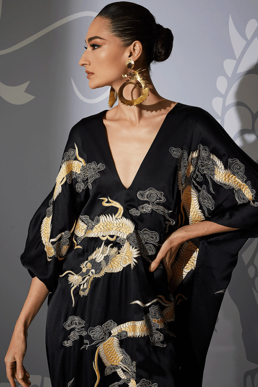 Buy Couture Lucky Dragon Embroidered Cocoon Silk Caftan in Black Online Black