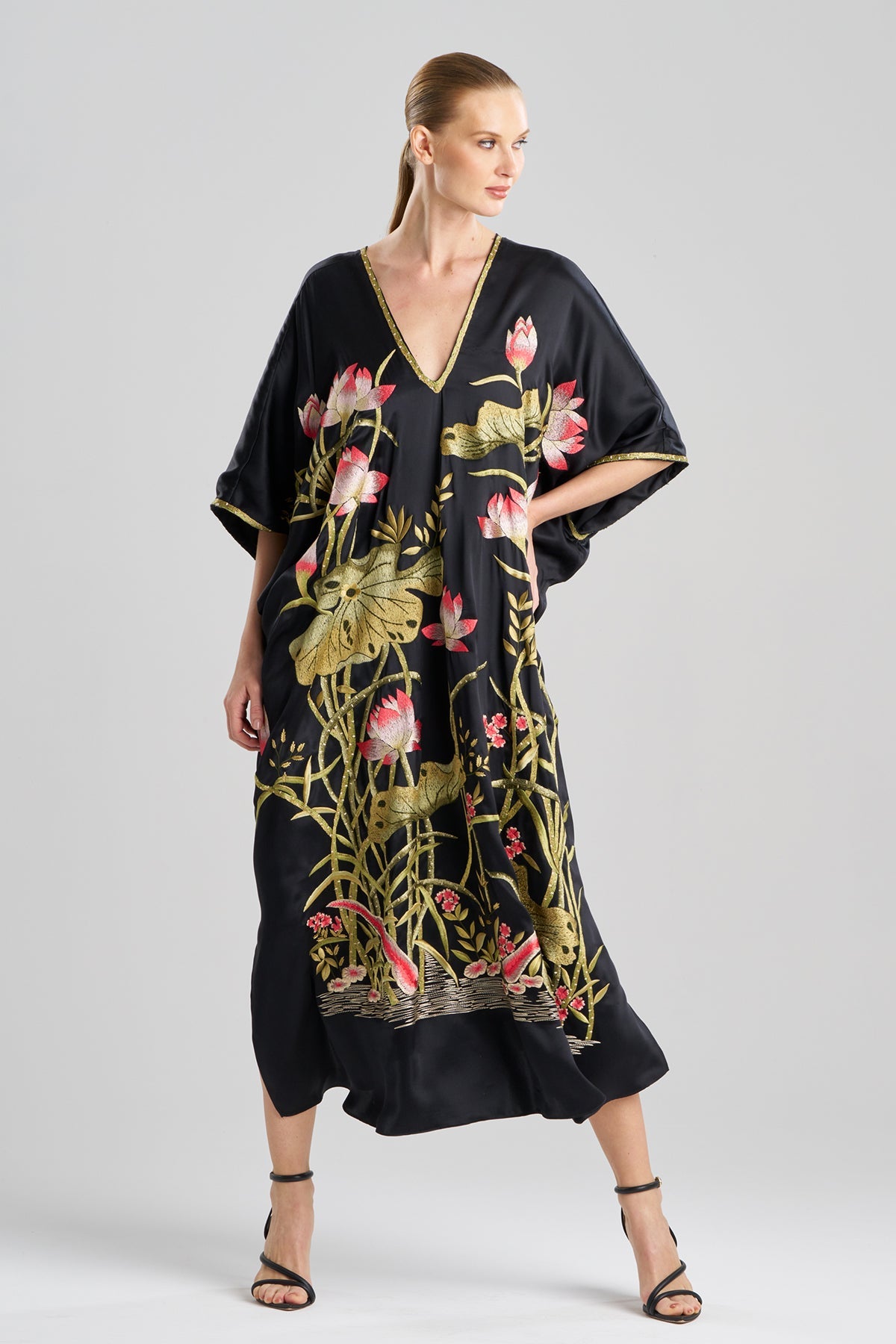 Couture Lotus Embroidered Cocoon Silk Caftan Black