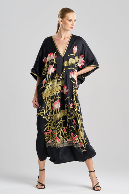 Couture Lotus Embroidered Cocoon Silk Caftan Black
