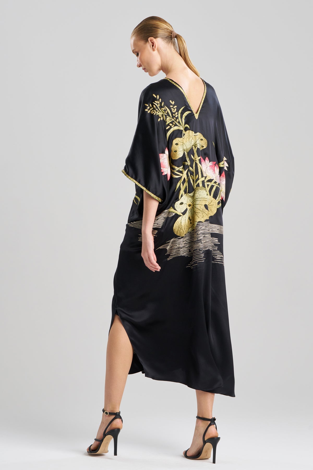 Couture Lotus Embroidered Cocoon Silk Caftan Black