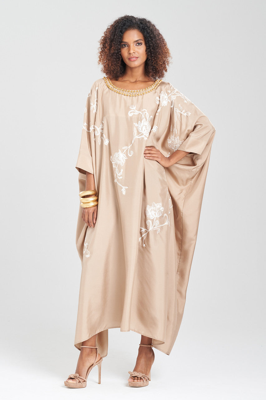 Buy Shinjo Habotai Embroidered Silk Caftan in Latte Online Latte