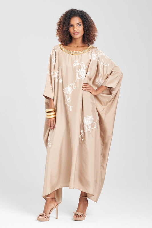 Buy Shinjo Habotai Embroidered Silk Caftan in Latte Online Latte