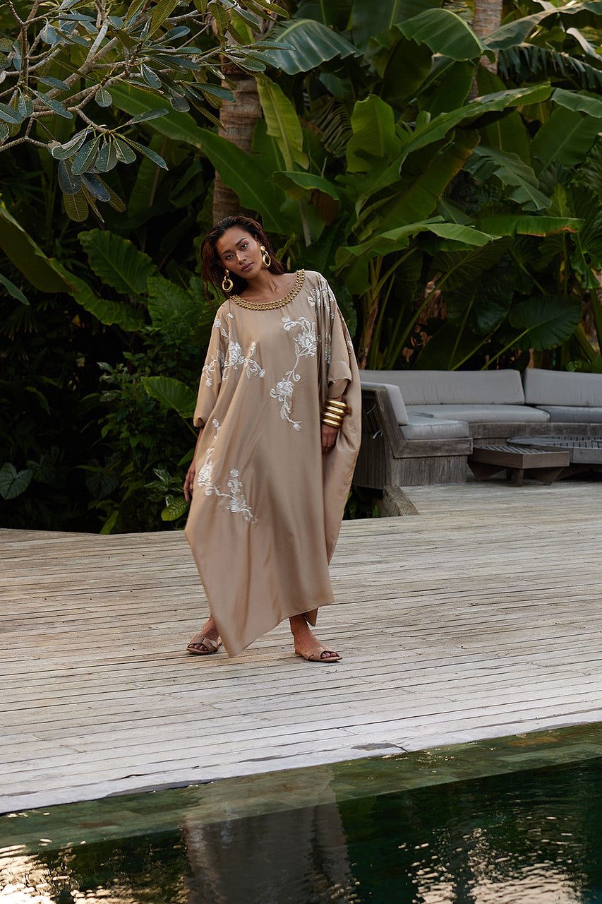 Buy Shinjo Habotai Embroidered Silk Caftan in Latte Online Latte