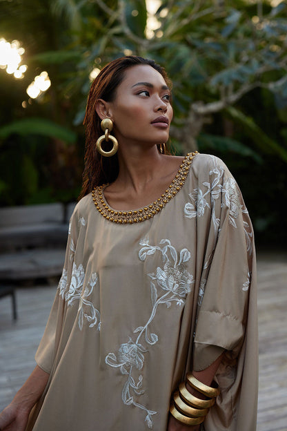 Buy Shinjo Habotai Embroidered Silk Caftan in Latte Online Latte