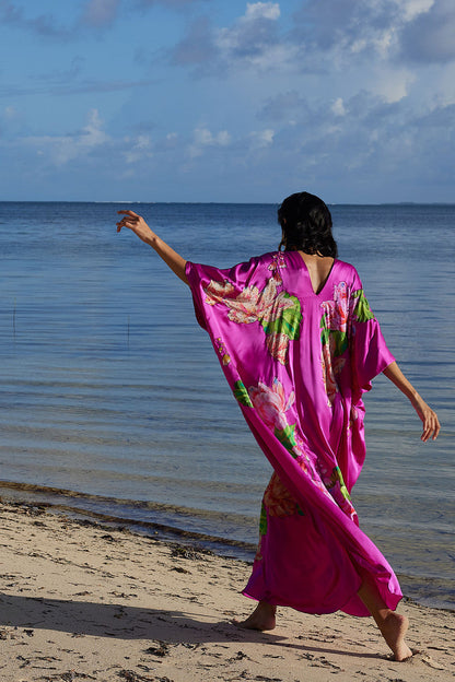 Buy Couture Hanabi Beaded Silk Caftan in Hot Pink Online Hot Pink