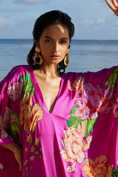 Buy Couture Hanabi Beaded Silk Caftan in Hot Pink Online Hot Pink