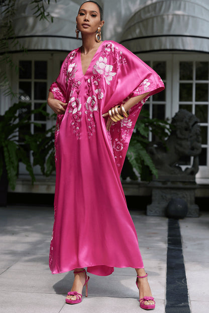 Buy Couture Hanabi Embroidered Silk Caftan in Pink Sapphire Online Pink Sapphire