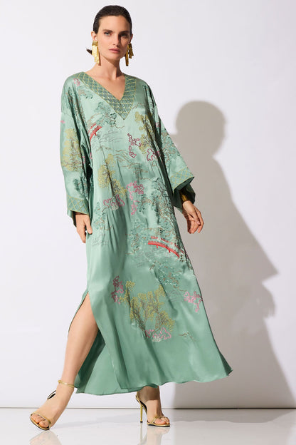 Couture Nara Embellished Silk Caftan Aloe