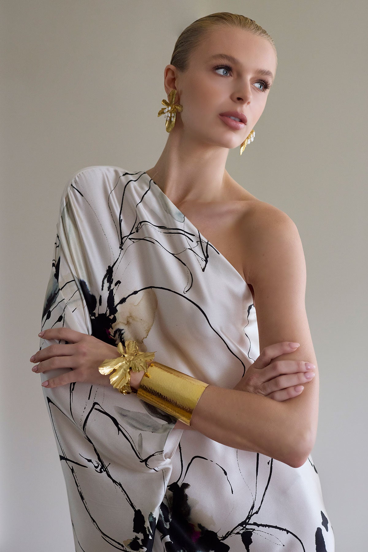 Yumi One Shoulder Silk Caftan Warm White