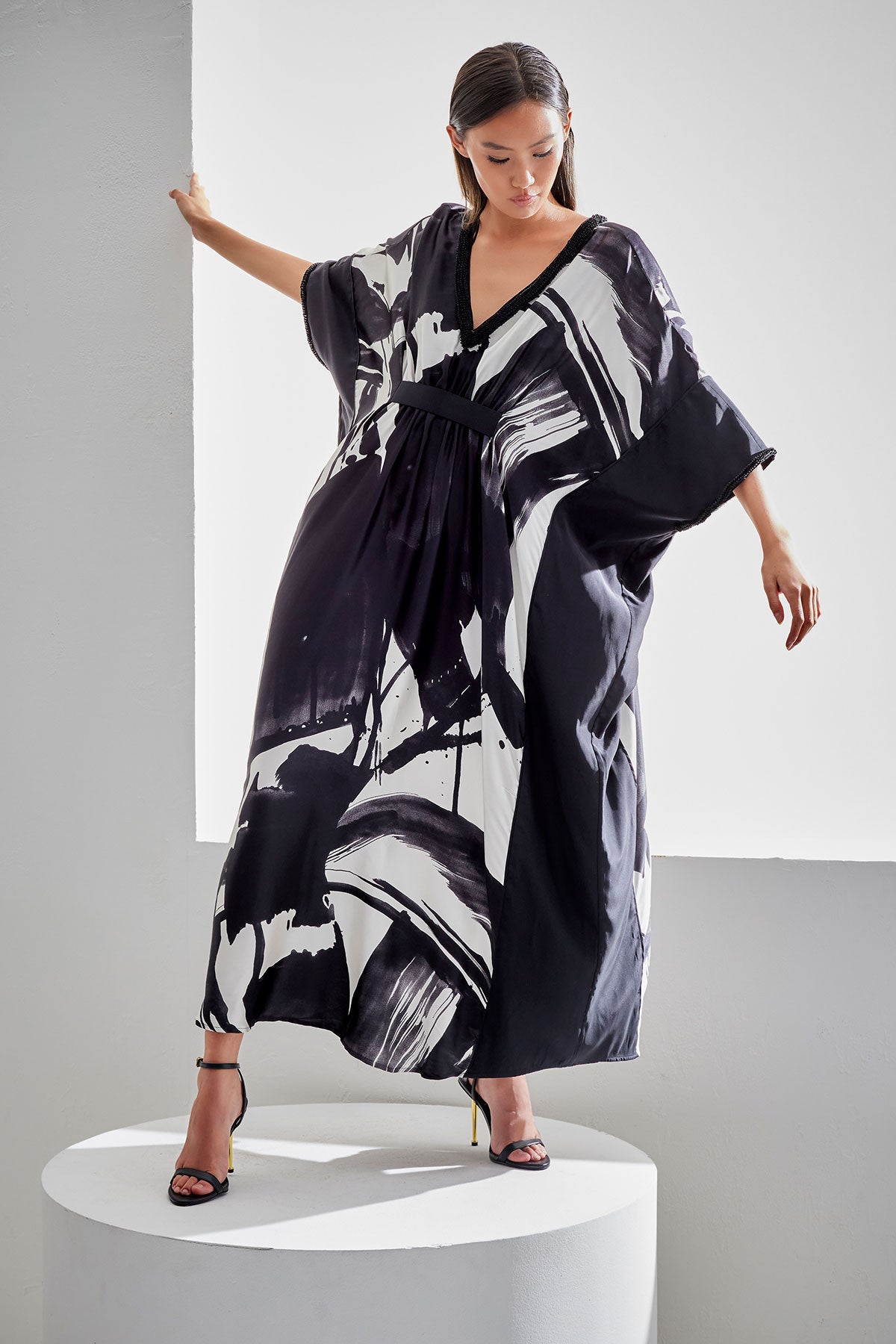 Shodo Beaded Silk Caftan Black White