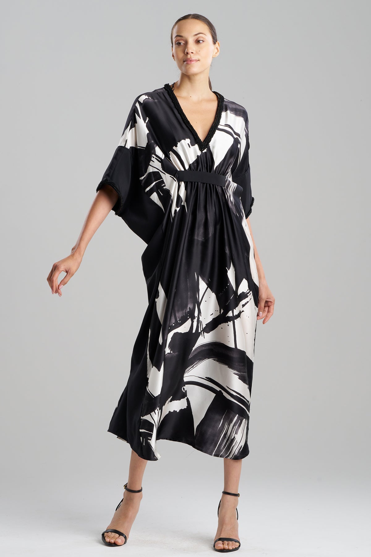 Shodo Beaded Silk Caftan Black White